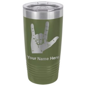 lasergram 20oz vacuum insulated tumbler mug, sign language i love you, personalized engraving included (camo green)