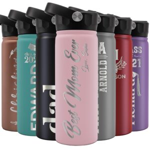 personalized water bottle w/straw lid, double-wall insulated | 18 oz - 12 designs - pink | 8 colors custom water bottle w name, text - double wall, vacuum insulated, bpa free - non sweat