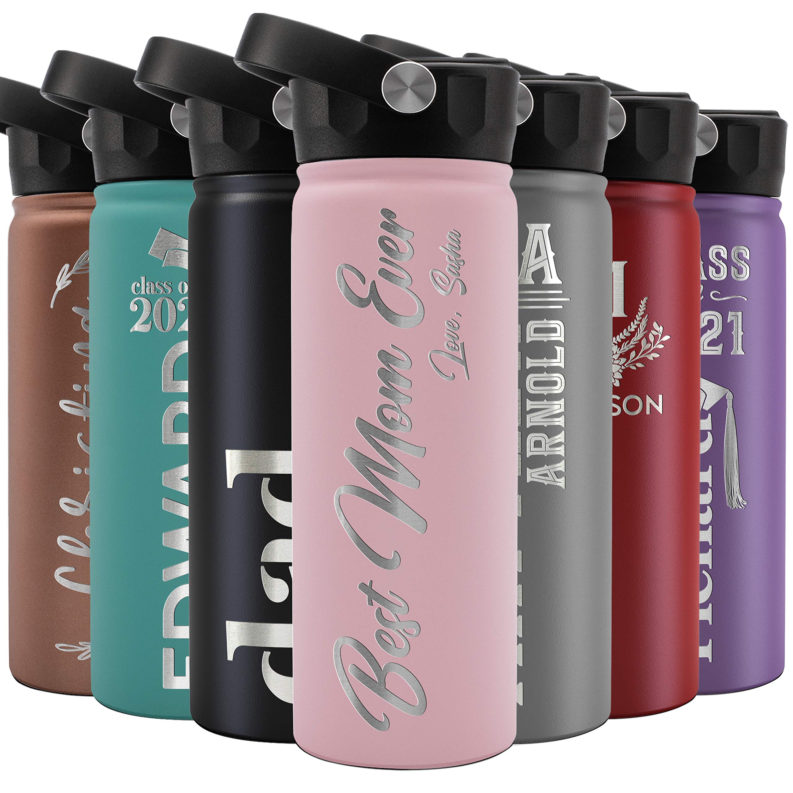 Personalized Water Bottle w/Straw Lid, Double-Wall Insulated | 18 oz - 12 Designs - Pink | 8 Colors Custom Water Bottle w Name, Text - Double Wall, Vacuum Insulated, BPA Free - Non Sweat