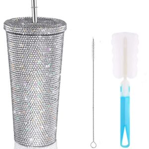 Studded Bling Diamond Tumbler Glitter Water Bottle with Lid Stainless Steel Vacuum Thermal Straw Tumbler Rhinestone Tumbler with 1pc Straw 2pcs Brushes for Girls Women (500ml-silver)