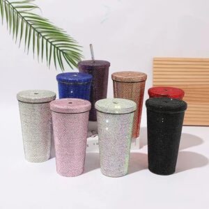 Studded Bling Diamond Tumbler Glitter Water Bottle with Lid Stainless Steel Vacuum Thermal Straw Tumbler Rhinestone Tumbler with 1pc Straw 2pcs Brushes for Girls Women (500ml-silver)