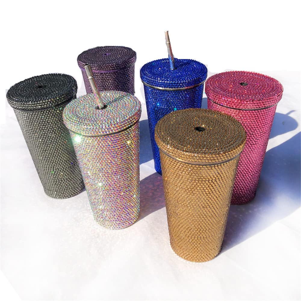 Studded Bling Diamond Tumbler Glitter Water Bottle with Lid Stainless Steel Vacuum Thermal Straw Tumbler Rhinestone Tumbler with 1pc Straw 2pcs Brushes for Girls Women (500ml-silver)