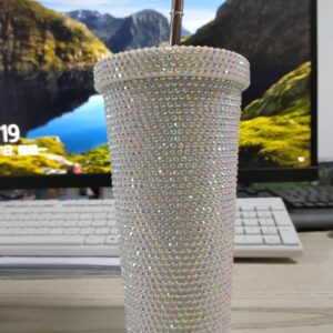 Studded Bling Diamond Tumbler Glitter Water Bottle with Lid Stainless Steel Vacuum Thermal Straw Tumbler Rhinestone Tumbler with 1pc Straw 2pcs Brushes for Girls Women (500ml-silver)