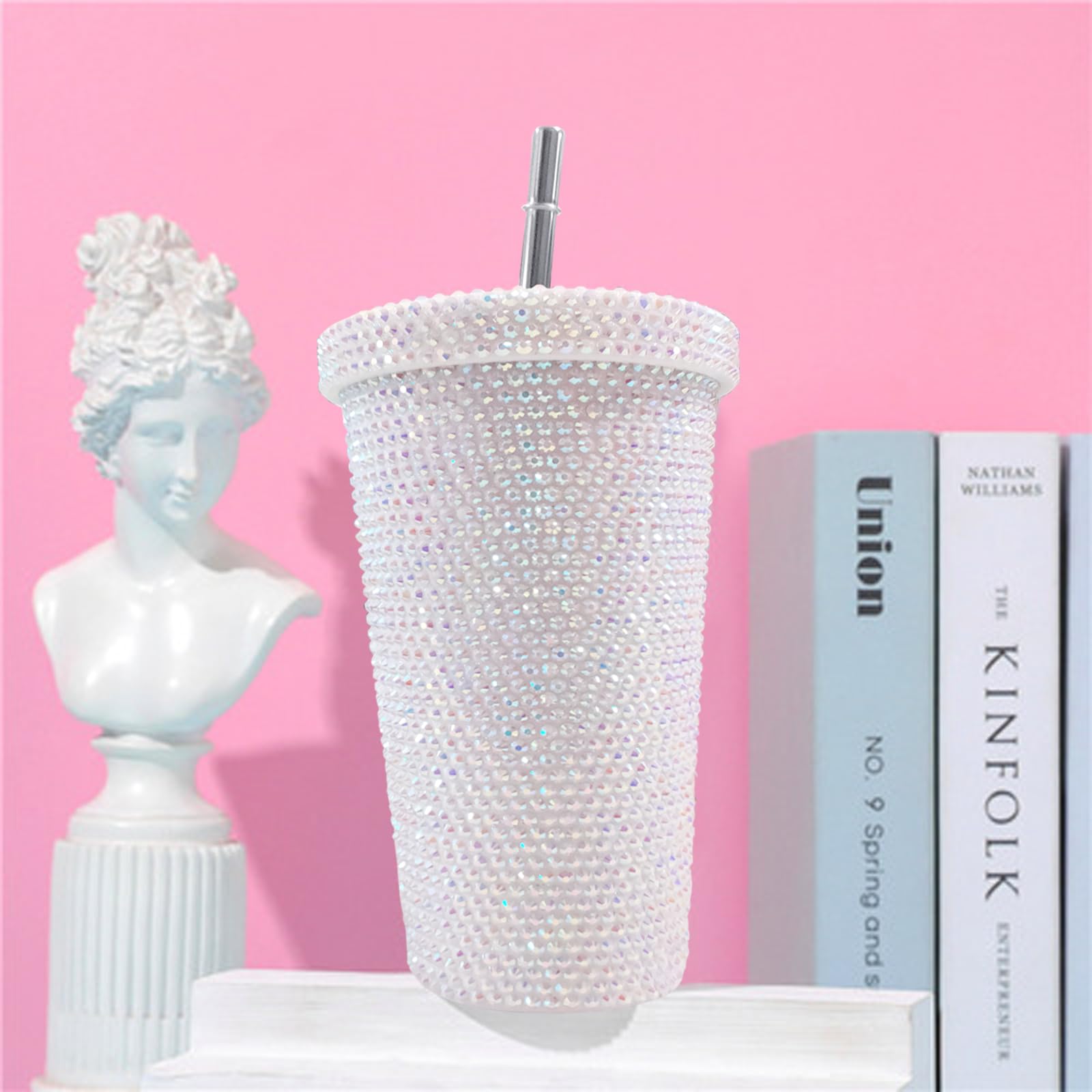 Studded Bling Diamond Tumbler Glitter Water Bottle with Lid Stainless Steel Vacuum Thermal Straw Tumbler Rhinestone Tumbler with 1pc Straw 2pcs Brushes for Girls Women (500ml-silver)