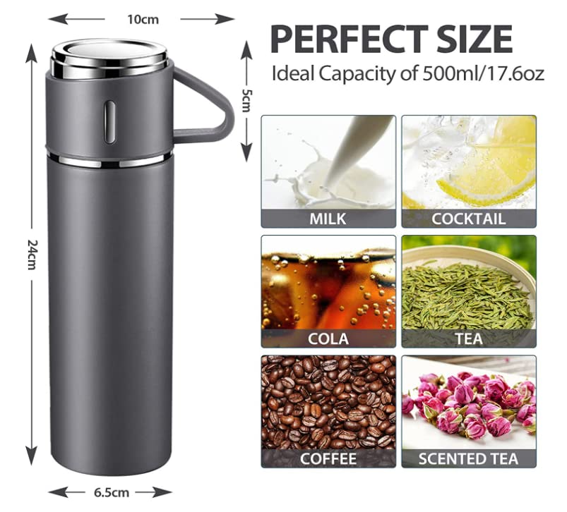 Stainless Steel Thermo + 3 cup, 500ml/16.9oz (Black, Grey and Blue Set)