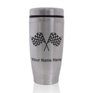 skunkwerkz commuter travel mug, racing flags, personalized engraving included