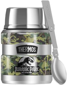 jurassic park camo logo thermos stainless king stainless steel food jar with folding spoon, vacuum insulated & double wall, 16oz