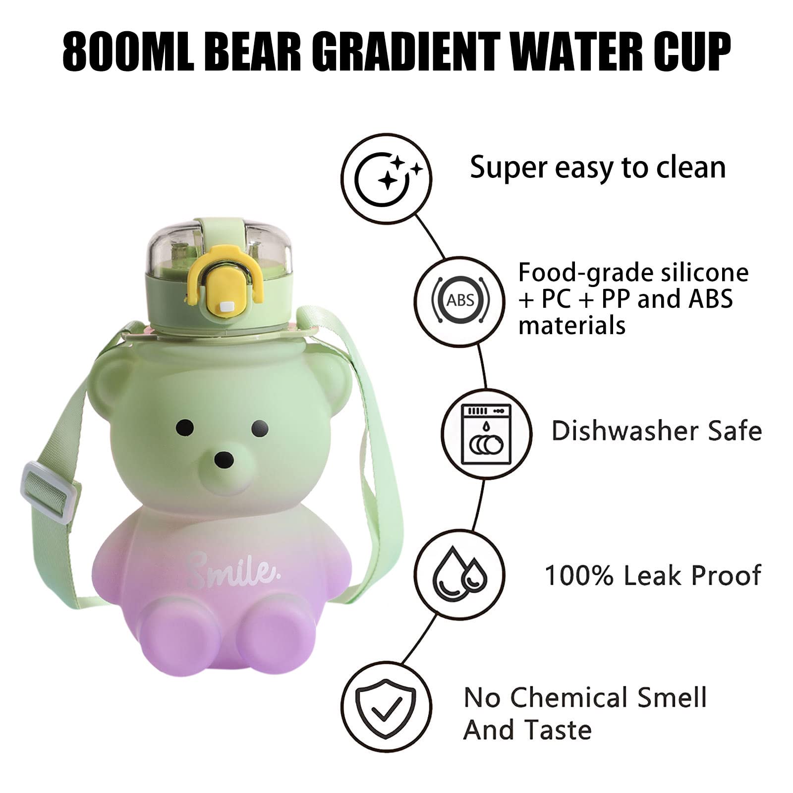 LIERWOI Kawaii Bear Water Bottle With Straw, Leak-Proof Kawaii Water Bottle 800ml,BPA Free, Cute Gradient Colorful Kawaii Water Bottles For Girls Office Travel