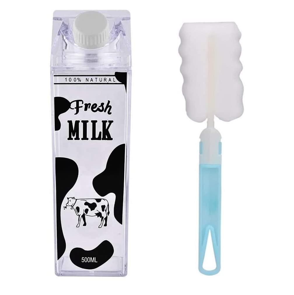 FveBzem 17Oz 500ml Milk Carton Water Bottle with Cleaning Brush BPA Free Reusable Milk Carton Shaped Water Bottle Leakproof Juice Tea Jug for Travelling Sports Camping Outdoor Activities