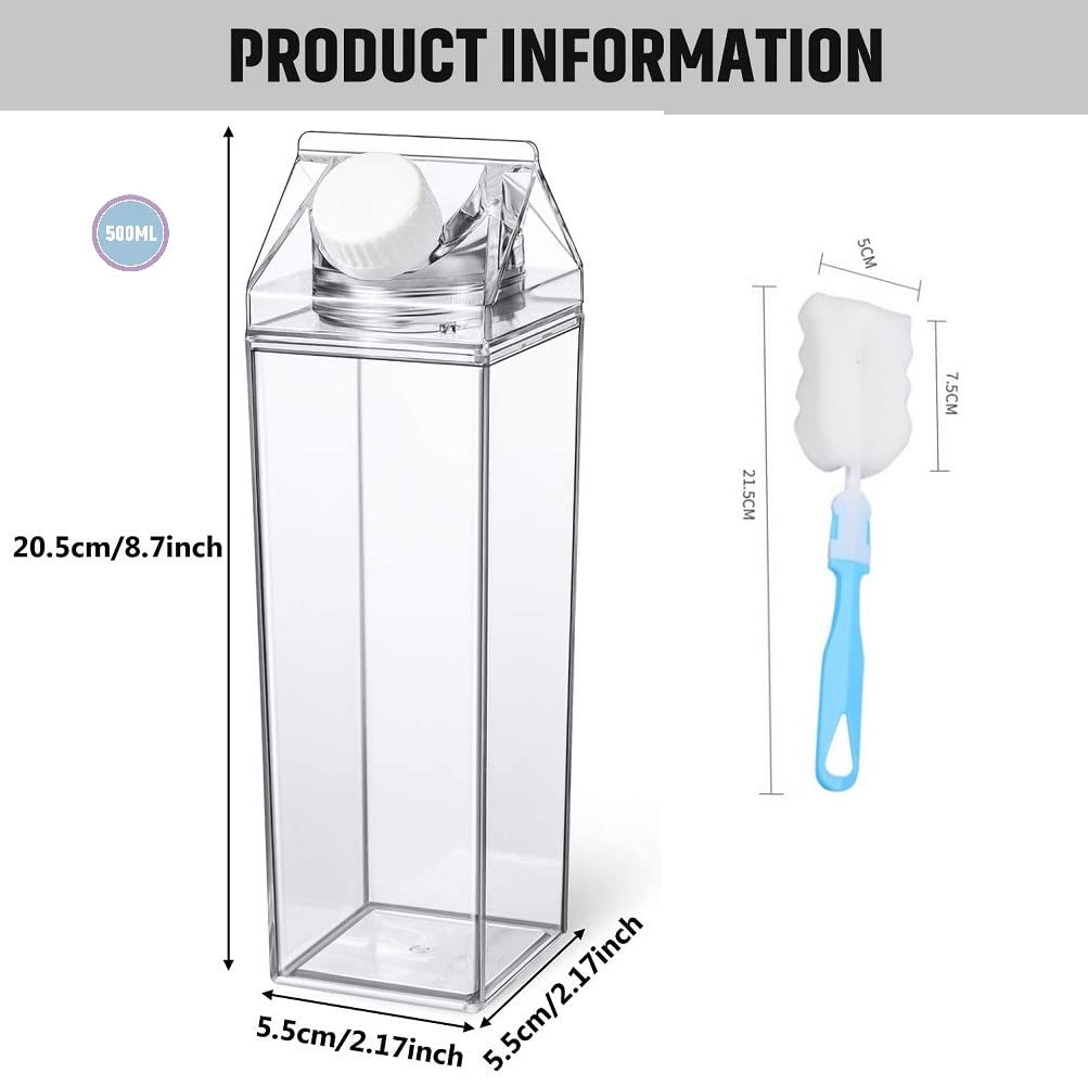 FveBzem 17Oz 500ml Milk Carton Water Bottle with Cleaning Brush BPA Free Reusable Milk Carton Shaped Water Bottle Leakproof Juice Tea Jug for Travelling Sports Camping Outdoor Activities