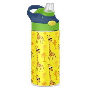alaza cute cartoon giraffe on yellow background kids water bottles with lids straw insulated stainless steel water bottles double walled leakproof tumbler travel cup for girls boys toddlers 12 oz / 35