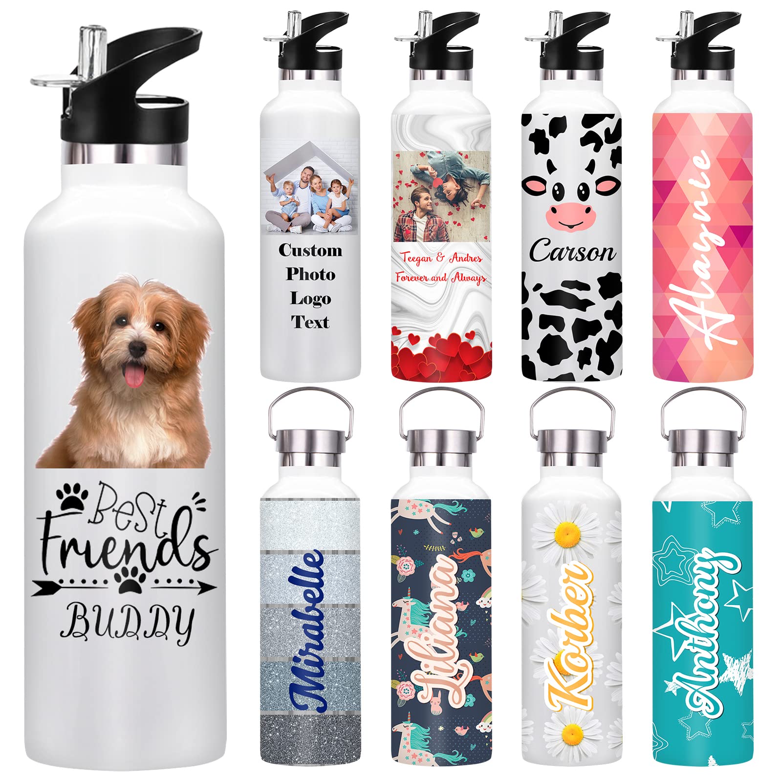 Yananka Personalized Water Bottles with Straw Lid 26 12 oz Custom Water Bottle Customized Print with Photo Name Text Logo for Women Men