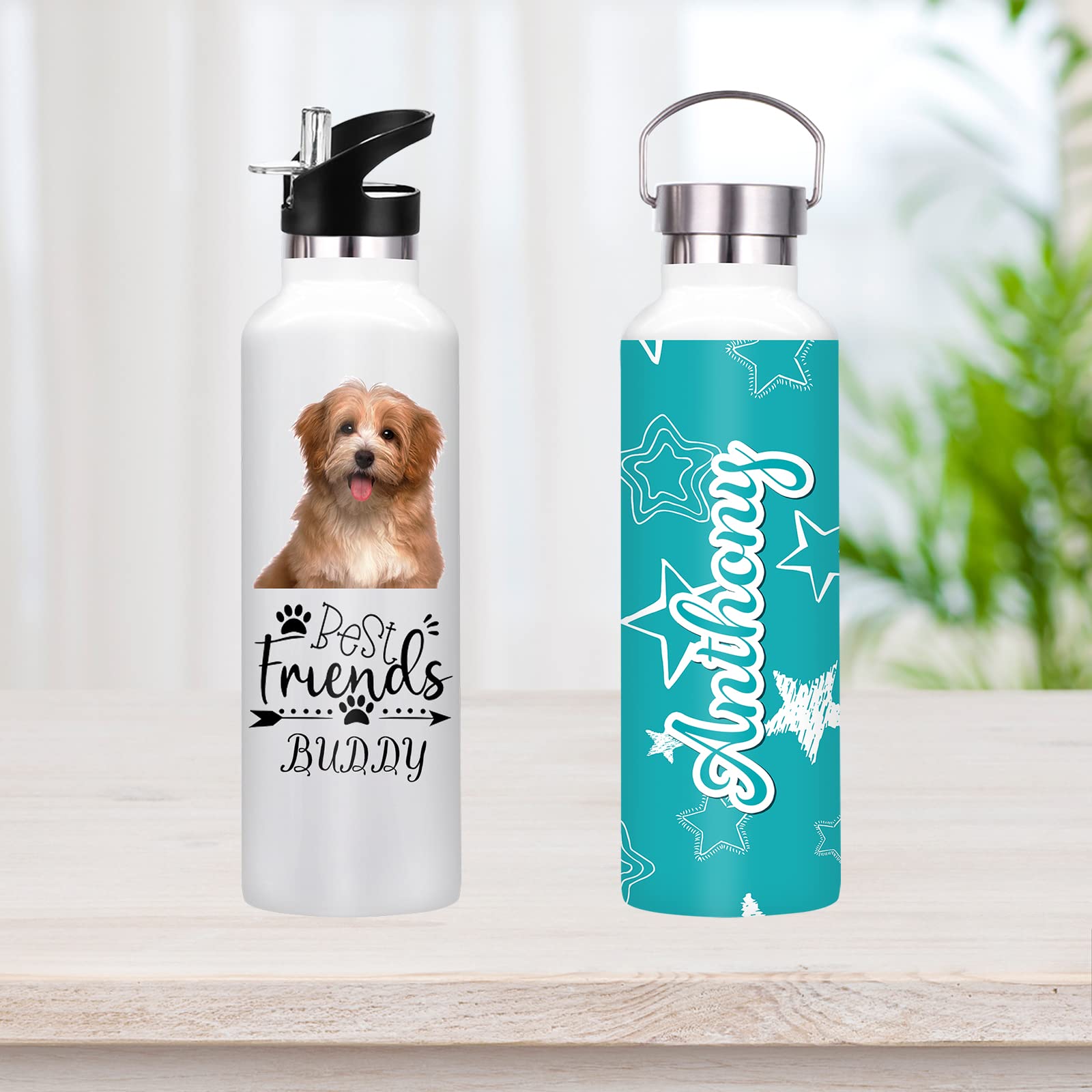 Yananka Personalized Water Bottles with Straw Lid 26 12 oz Custom Water Bottle Customized Print with Photo Name Text Logo for Women Men