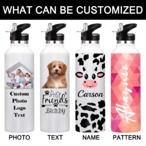 Yananka Personalized Water Bottles with Straw Lid 26 12 oz Custom Water Bottle Customized Print with Photo Name Text Logo for Women Men