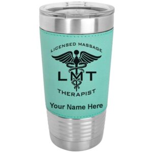 lasergram 20oz vacuum insulated tumbler mug, lmt licensed massage therapist, personalized engraving included (faux leather, teal)