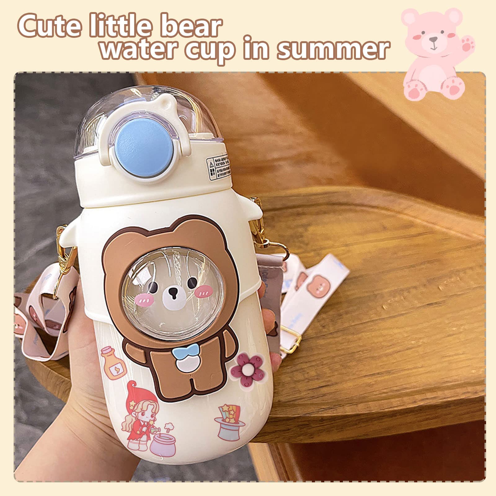 LIERWOI Kawaii Bear Water Bottle Anti-drop, 720ml Cute Driking Bottle wiht Straw for Girls Teenager, Bpa Free,Plastic Water Bottle for Daily Outdoor