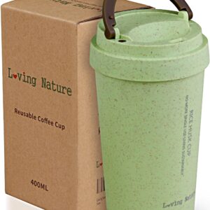 Loving Nature Rice Husk Cup, 14oz, BPA-Free, Double Wall Insulation, Reusable for Coffee Drinks, On-The-Go Travel Mug, Screw Tight Lid, Textured Grip, Lightweight, Water Bottle, Gifts (Green)