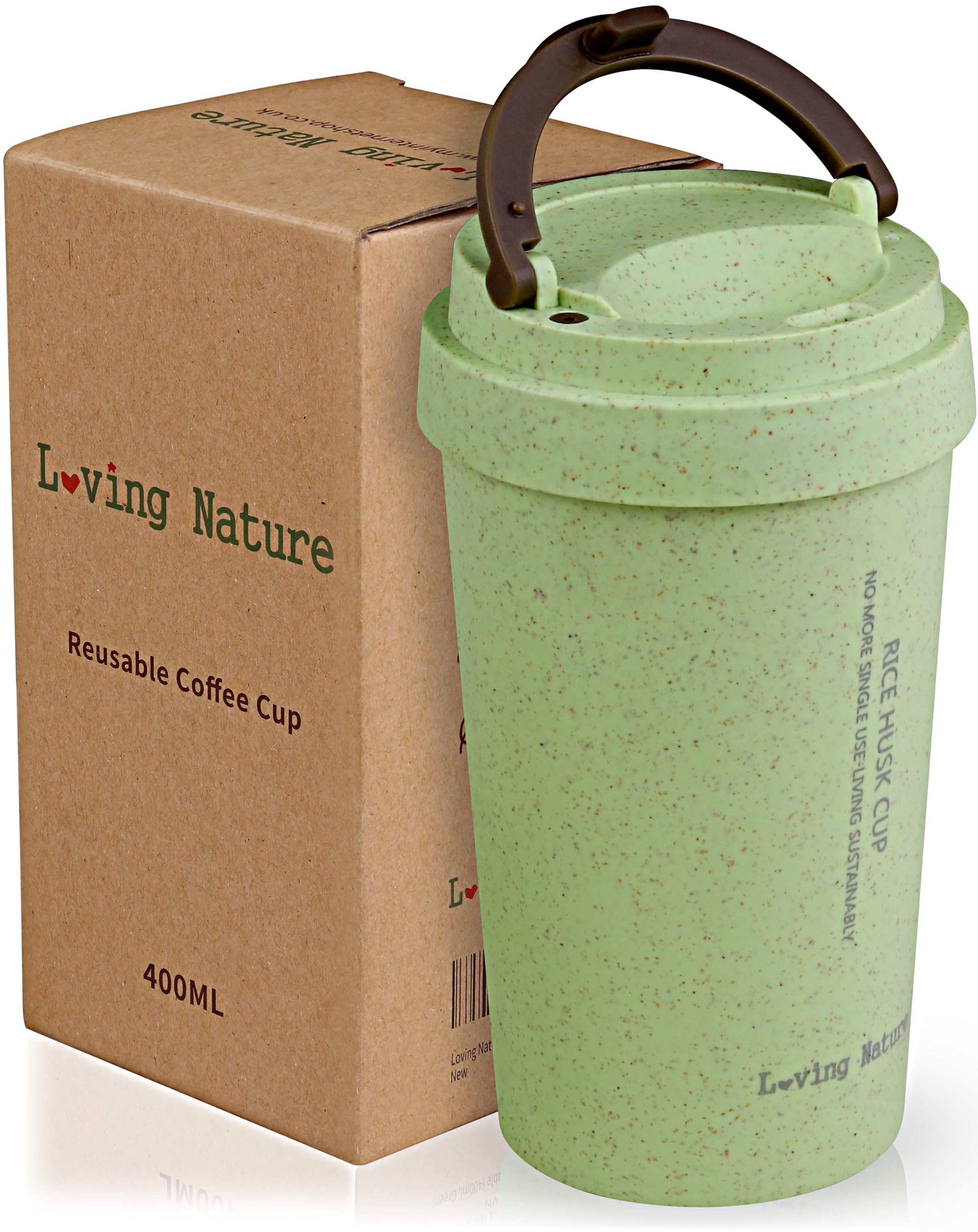 Loving Nature Rice Husk Cup, 14oz, BPA-Free, Double Wall Insulation, Reusable for Coffee Drinks, On-The-Go Travel Mug, Screw Tight Lid, Textured Grip, Lightweight, Water Bottle, Gifts (Green)