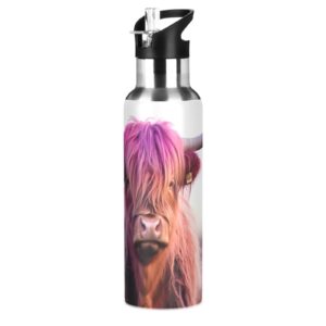 xigua Highland Cow Colorful Dyed Hair Sports Water Bottle with Straw Lid 22 oz, Leak Proof, Vacuum Insulated Stainless Steel, Double Walled, Thermo Mug, Metal Canteen