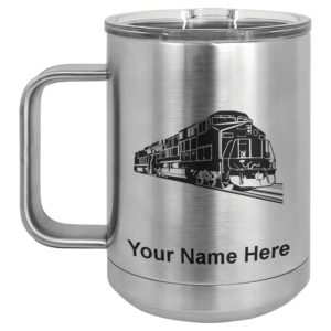 lasergram 15oz vacuum insulated coffee mug, freight train, personalized engraving included (stainless steel)