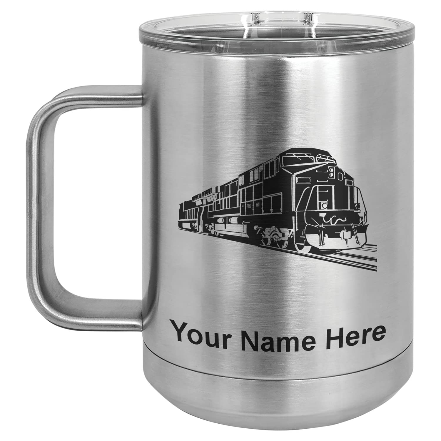 LaserGram 15oz Vacuum Insulated Coffee Mug, Freight Train, Personalized Engraving Included (Stainless Steel)