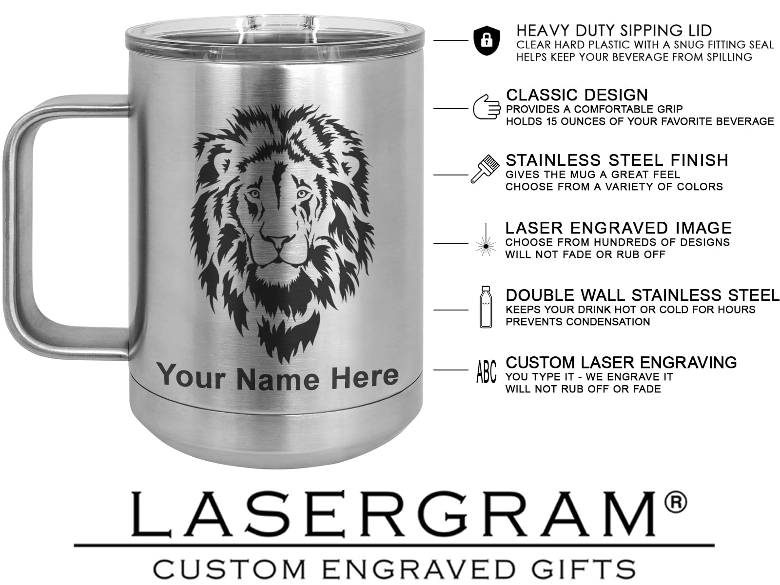 LaserGram 15oz Vacuum Insulated Coffee Mug, Freight Train, Personalized Engraving Included (Stainless Steel)