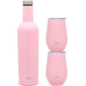 simple modern wine tumbler and bottle gift set | vacuum insulated 750ml bottle and 2 12oz stemless glass cups with lid | spirit collection | blush