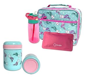 lunch box, water bottle and thermos food jar bundle set for school kids, girls, insulated bag, steel thermos, aqua pink mermaid cat