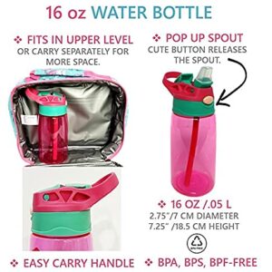 Lunch Box, Water Bottle and Thermos Food Jar Bundle Set for School Kids, Girls, Insulated Bag, Steel Thermos, Aqua Pink Mermaid Cat