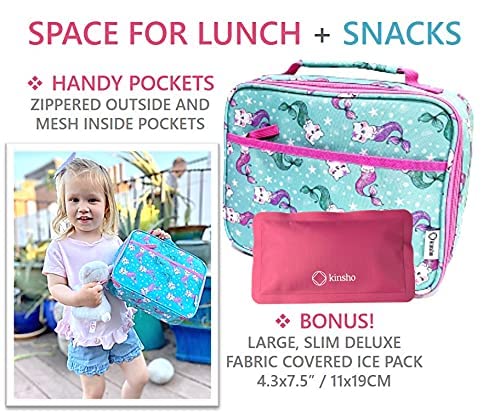 Lunch Box, Water Bottle and Thermos Food Jar Bundle Set for School Kids, Girls, Insulated Bag, Steel Thermos, Aqua Pink Mermaid Cat