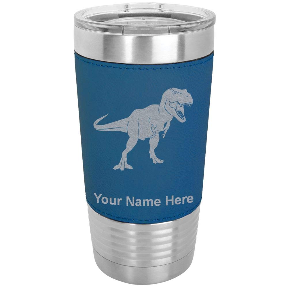 LaserGram 20oz Vacuum Insulated Tumbler Mug, Tyrannosaurus Rex Dinosaur, Personalized Engraving Included (Faux Leather, Blue)