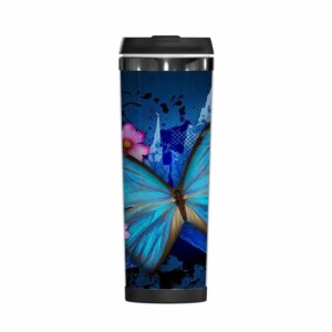 wondertify floral butterfly coffee cup flowers coffee mug stainless steel bottle double walled thermo travel water metal canteen blue purple