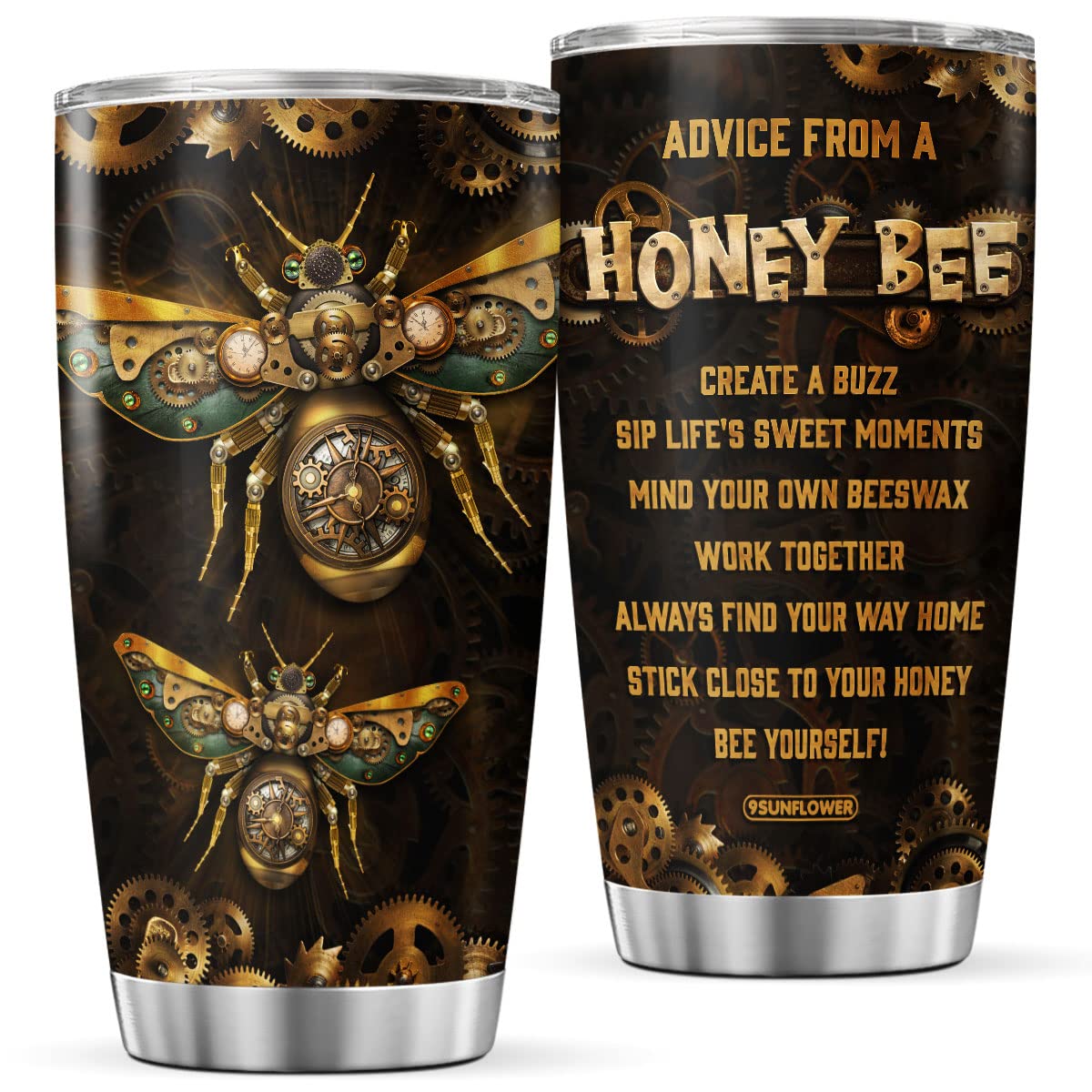 9SUNFLOWER Bee Coffee Tumbler Mechanic Style Birthday Gifts For Girls Women Boys Friends Steampunk Travel Mug With Lid Insulated Cold Drink Cup Inspirational Quotes Drinking Cups