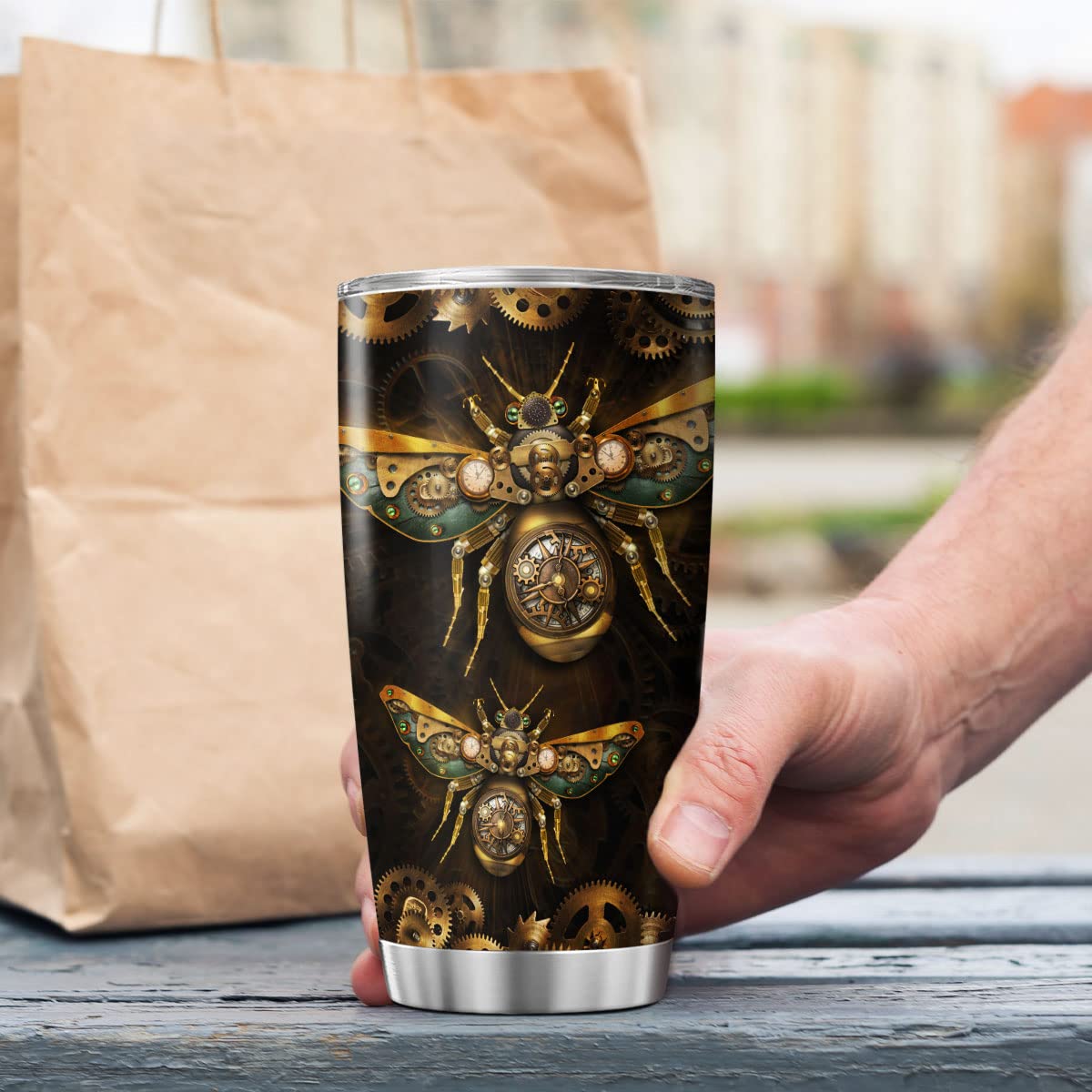 9SUNFLOWER Bee Coffee Tumbler Mechanic Style Birthday Gifts For Girls Women Boys Friends Steampunk Travel Mug With Lid Insulated Cold Drink Cup Inspirational Quotes Drinking Cups