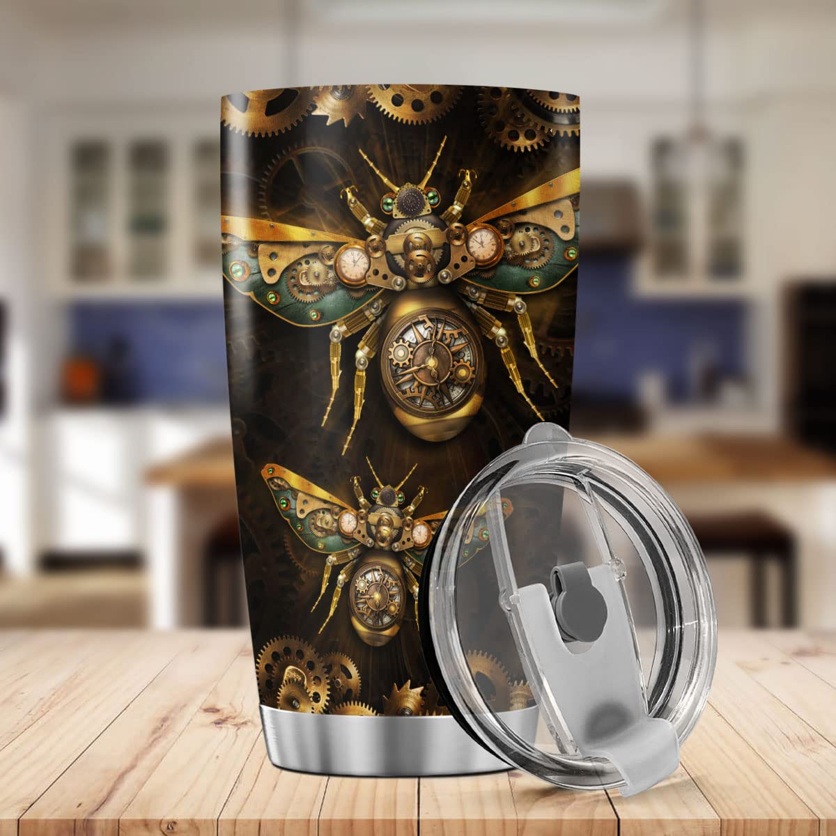 9SUNFLOWER Bee Coffee Tumbler Mechanic Style Birthday Gifts For Girls Women Boys Friends Steampunk Travel Mug With Lid Insulated Cold Drink Cup Inspirational Quotes Drinking Cups