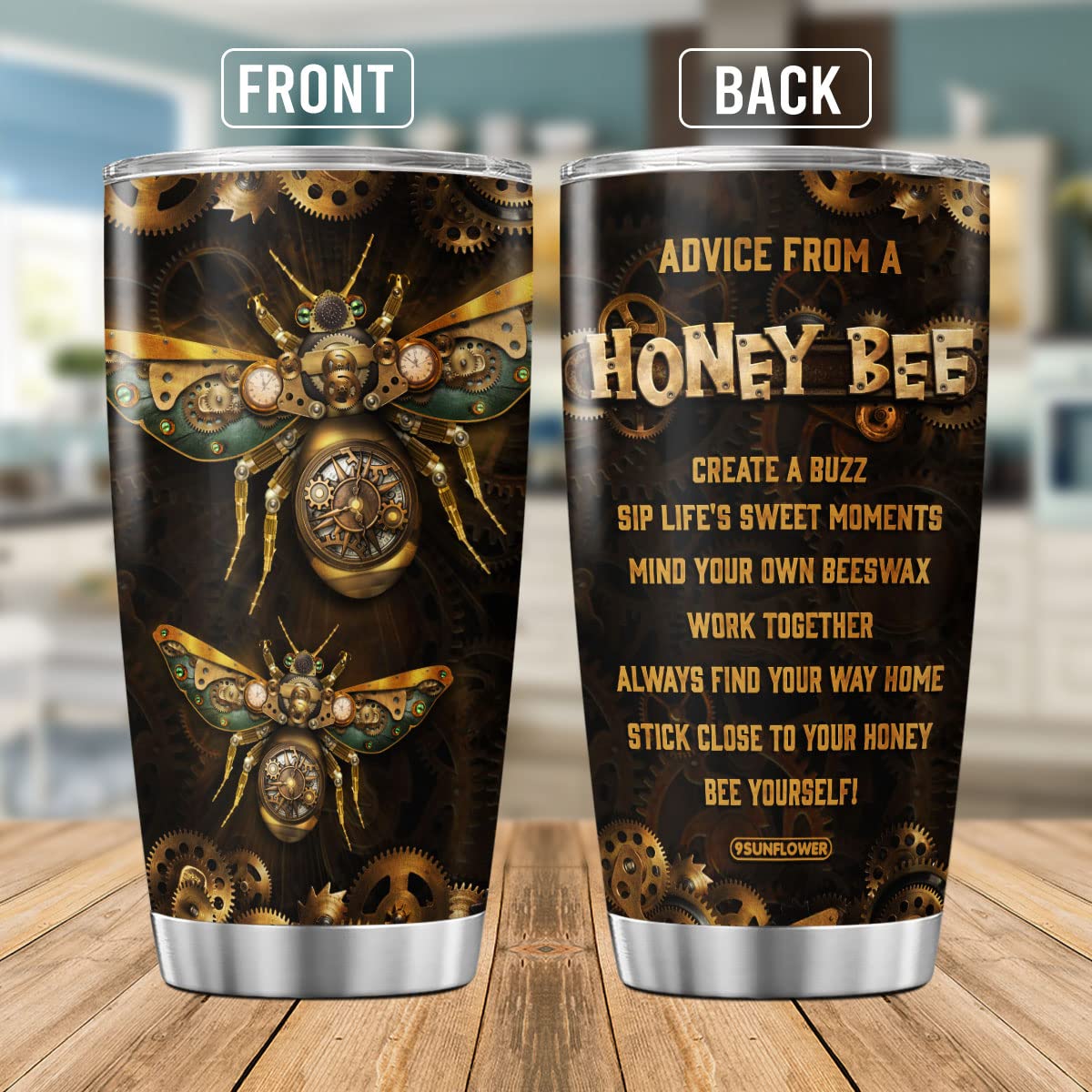 9SUNFLOWER Bee Coffee Tumbler Mechanic Style Birthday Gifts For Girls Women Boys Friends Steampunk Travel Mug With Lid Insulated Cold Drink Cup Inspirational Quotes Drinking Cups