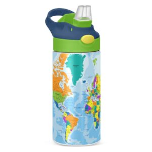 maoblyr 12 oz colorful world map kids water bottle with straw,bpa free spout cover leakproof vacuum insulated stainless steel bottle for boys girls