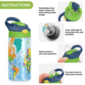 MAOBLYR 12 oz Colorful World Map Kids Water Bottle with Straw,BPA Free Spout Cover Leakproof Vacuum Insulated Stainless Steel Bottle for Boys Girls