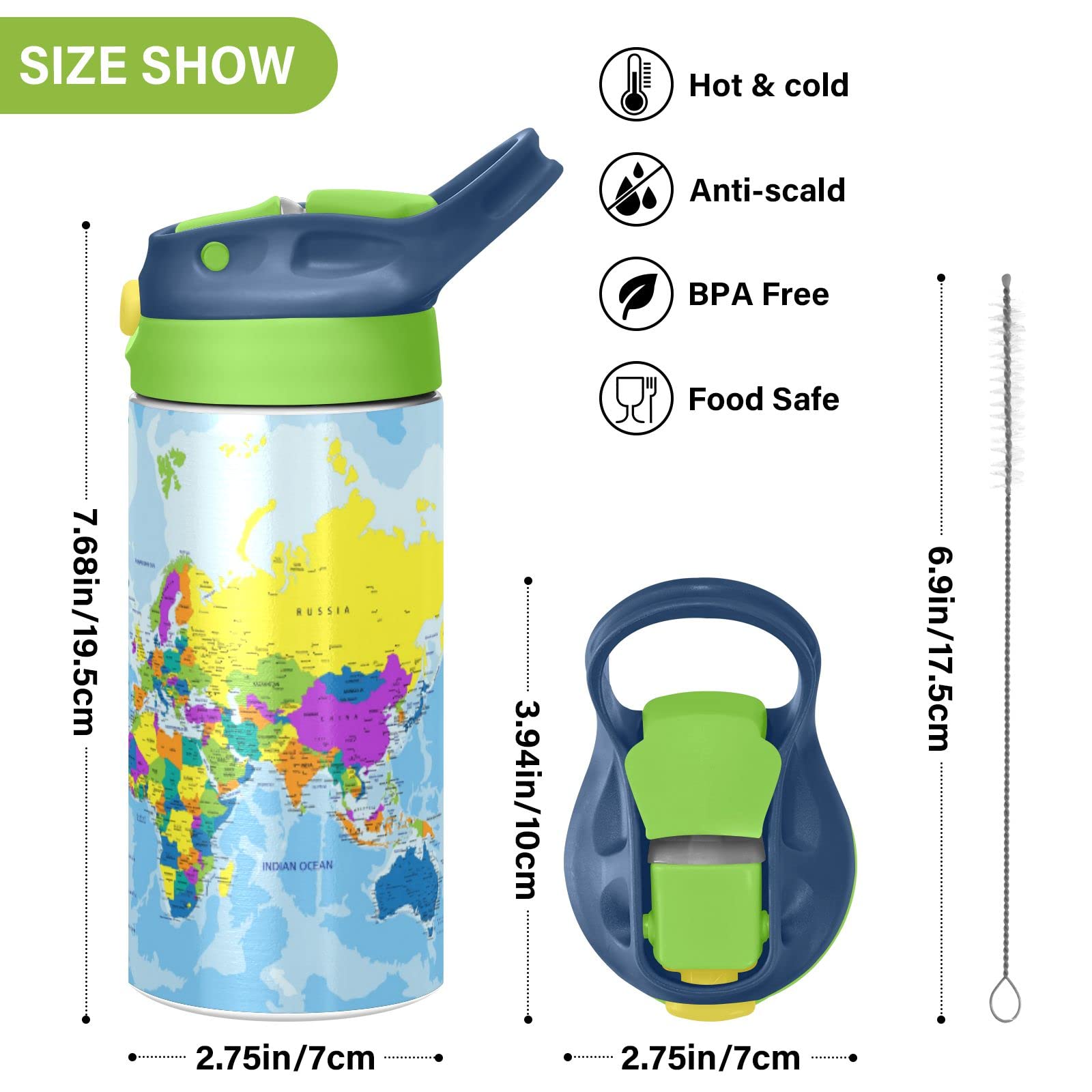MAOBLYR 12 oz Colorful World Map Kids Water Bottle with Straw,BPA Free Spout Cover Leakproof Vacuum Insulated Stainless Steel Bottle for Boys Girls
