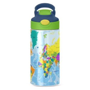 MAOBLYR 12 oz Colorful World Map Kids Water Bottle with Straw,BPA Free Spout Cover Leakproof Vacuum Insulated Stainless Steel Bottle for Boys Girls