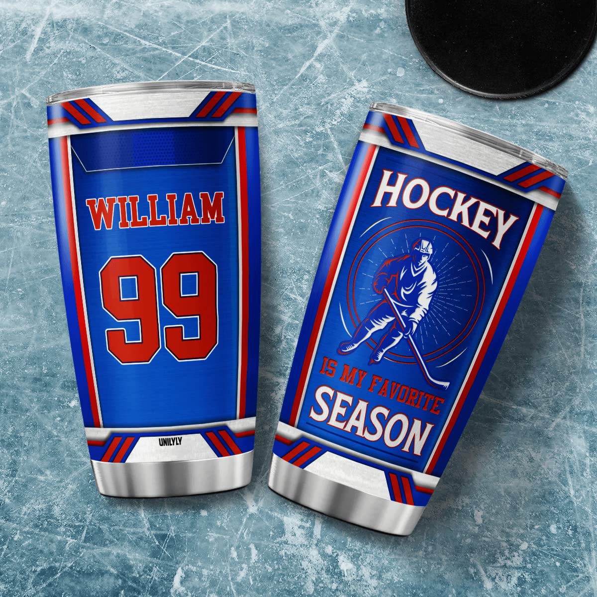 UNILYLY Personalized Coffee Tumbler Leakproof Insulated Mug With Lid Christmas Gifts For Hockey Fans Teen Boys Men Sports Fan Accessories Large Travel Cup Hot And Cold Tumblers