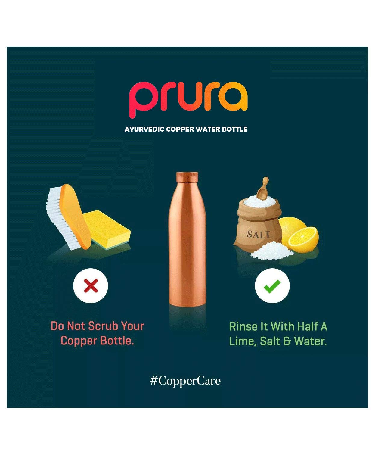 PRURA Pure Printed Copper Water Bottle - Leak Proof Ayurvedic Drinkware Copper Vessel for Sports, Gym, Outdoors, Yoga, Health Benefits (30 oz)