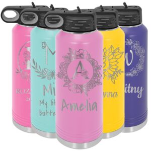customized water bottles with flip-top lid and straw, personalized stainless steel sports thermos engraved custom monogram – birthday, holiday, corporate gifts 20oz., 32oz. ((light purple)