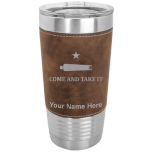 lasergram 20oz vacuum insulated tumbler mug, texas come and take it flag, personalized engraving included (faux leather, rustic)