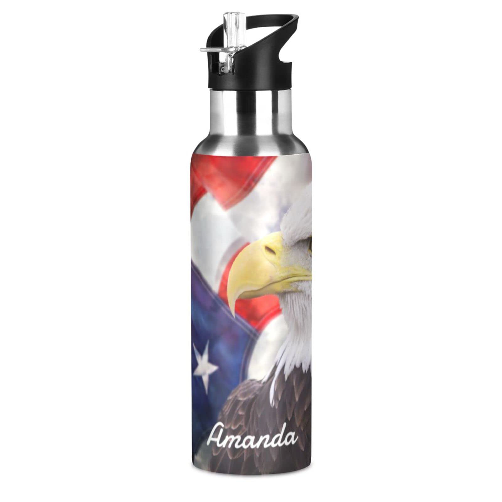 Bald Eagle American Flag Water Bottle with Straw Lid Leakproof Kids Insulated Stainless Steel Water Flask Thermos Bottle for Sport Gym Outdoor 20 oz