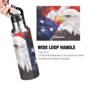 Bald Eagle American Flag Water Bottle with Straw Lid Leakproof Kids Insulated Stainless Steel Water Flask Thermos Bottle for Sport Gym Outdoor 20 oz