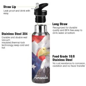 Bald Eagle American Flag Water Bottle with Straw Lid Leakproof Kids Insulated Stainless Steel Water Flask Thermos Bottle for Sport Gym Outdoor 20 oz