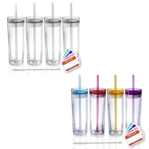 strata cups bundle! 4 pack 16 oz transparent acrylic tumblers with lids and straws + 4 colored 16 oz skinny tumblers