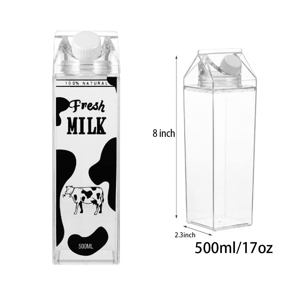 Virtegasas Milk Carton Water Bottle, 17Oz/500Ml Portable Clear Bottle with Screw Top, Adorable Bottle Summer Reusable Leak Proof Juice Drinking Bottle for Indoor Outdoor (Black)