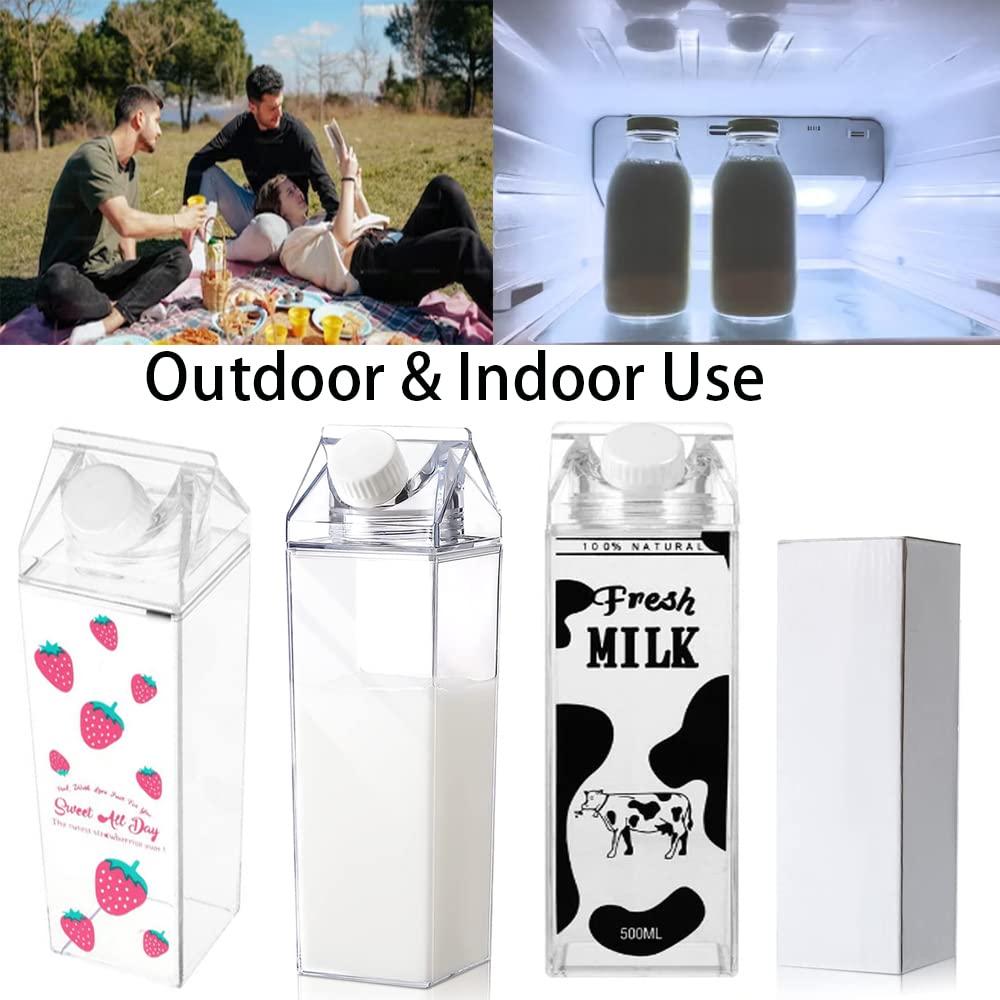 Virtegasas Milk Carton Water Bottle, 17Oz/500Ml Portable Clear Bottle with Screw Top, Adorable Bottle Summer Reusable Leak Proof Juice Drinking Bottle for Indoor Outdoor (Black)